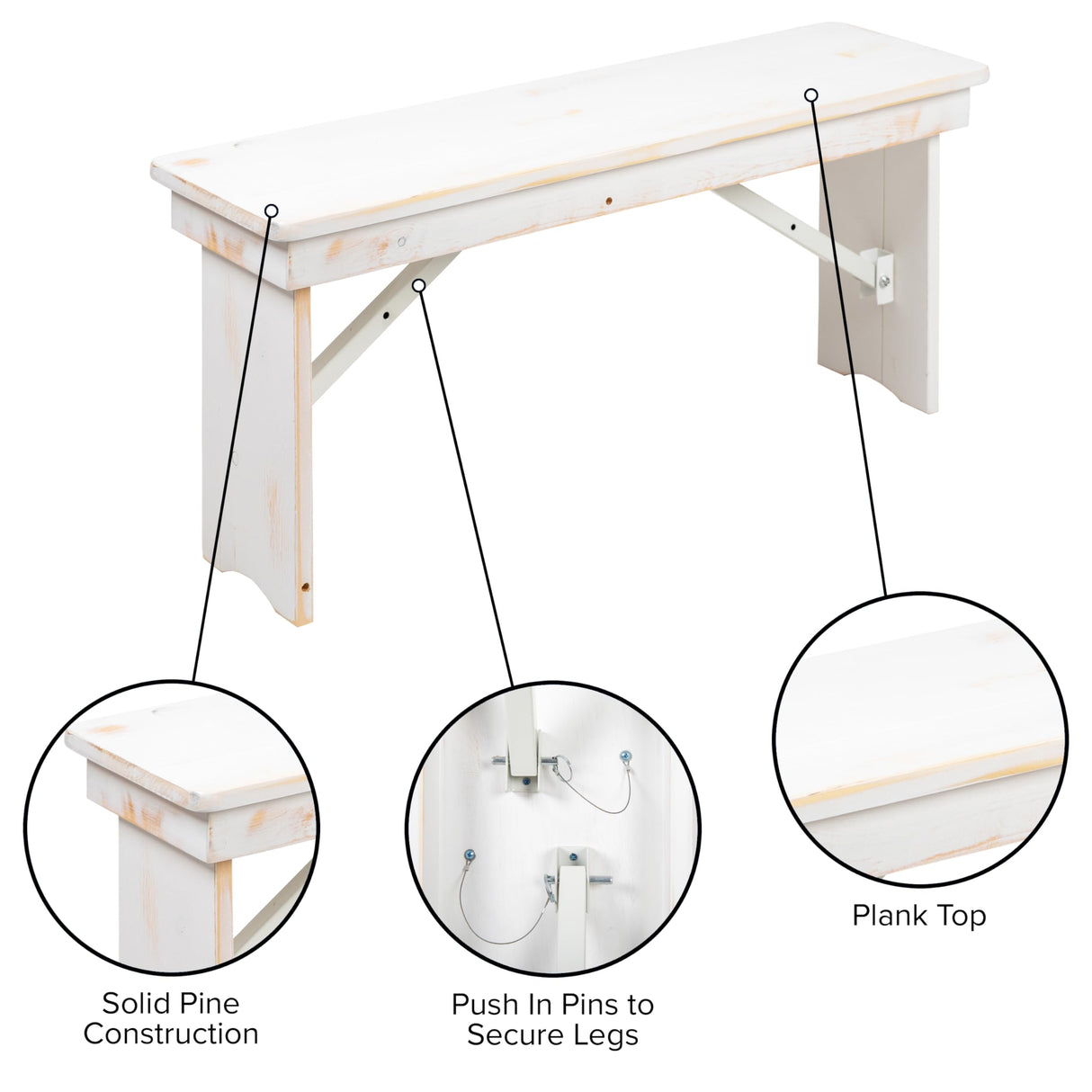 Merrick Lane Tinsley 40" x 12" White Solid Pine Folding Farmhouse Style Bench Merrick Lane