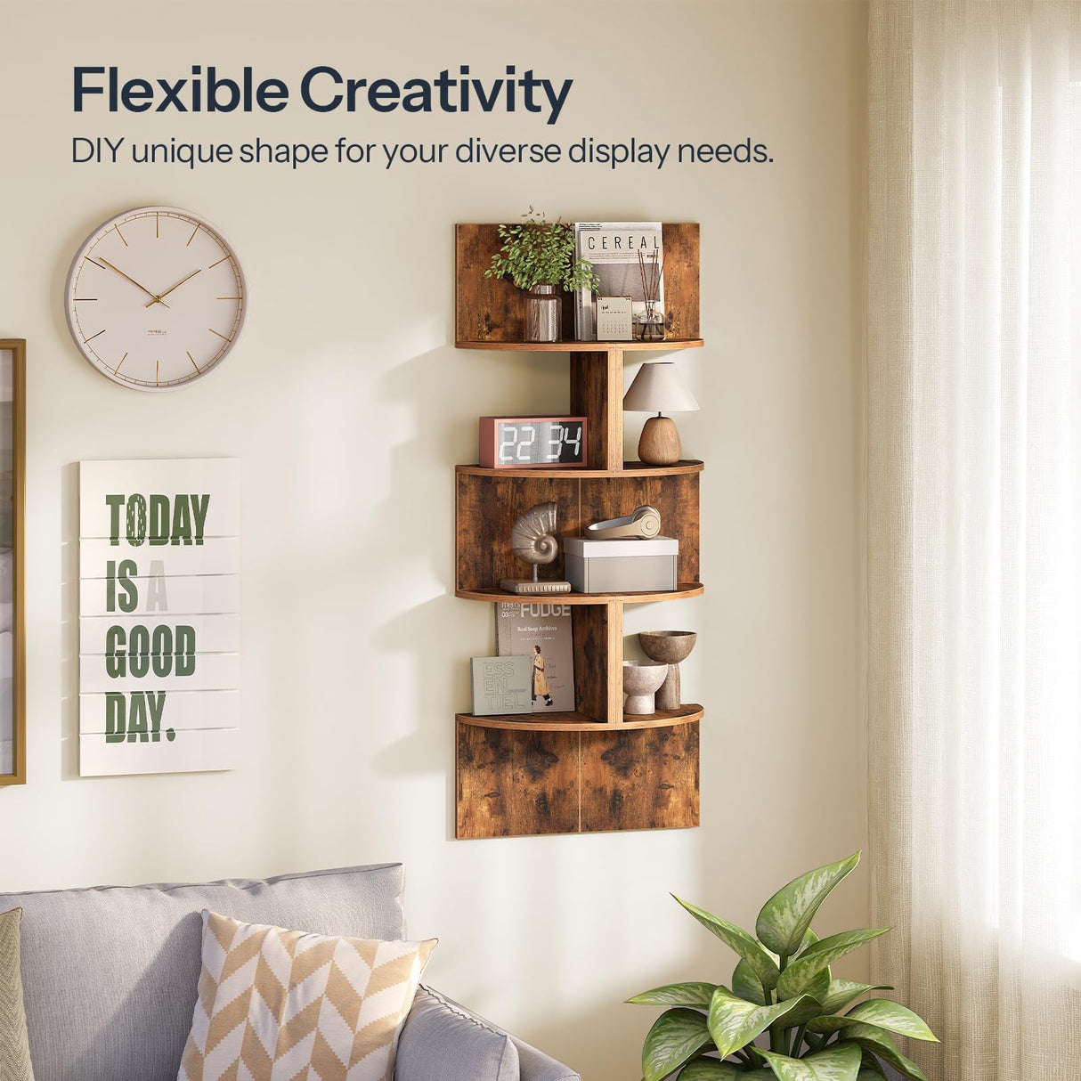 HOOBRO Corner Shelf Wall-Mounted, Set of 2 Floating Corner Shelves, 4-Tier Corner Bookshelves for Wall Decor in Living Room, Bedroom, Bathroom, Home Office, Rustic Brown BF25BJP201 HOOBRO
