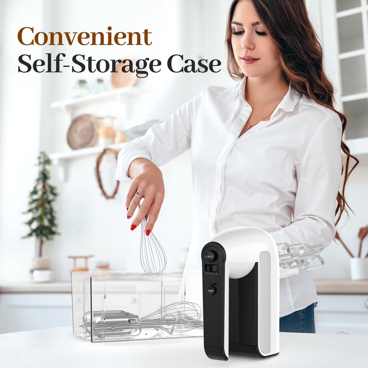 5-Speed Electric Hand Mixer, 800W Handheld Mixer with Turbo for Baking & Cooking, Kitchen Food Mixer with Storage Case & 5 Stainless Steel Attachments (2 Beaters, 2 Dough Hooks, 2 Whisks)-White CHIDOLL