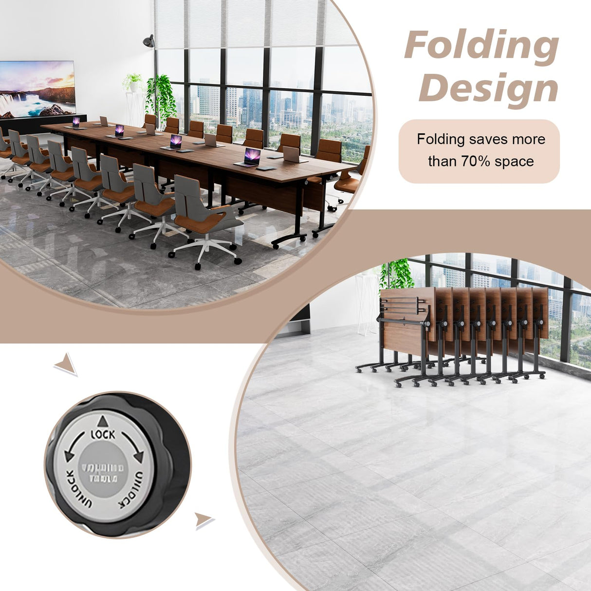 Modern Conference Table,4PCS Folding Conference Table with 360°Mobile Wheels,Office Conference Room Table for 4-6 Person,Modular Meeting Table (Walnut, 47in) Generic