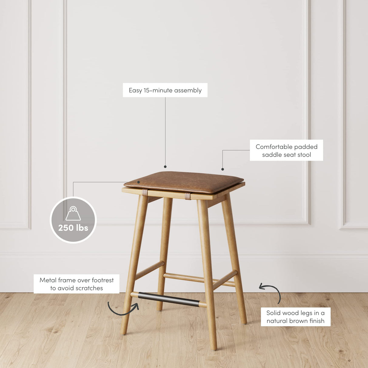 Nathan James Barker Classic Counter Height Wood Barstool with Leather Removable Cushion, Backless Island 24" Bar Stool for Kitchen, Chestnut Brown Nathan James