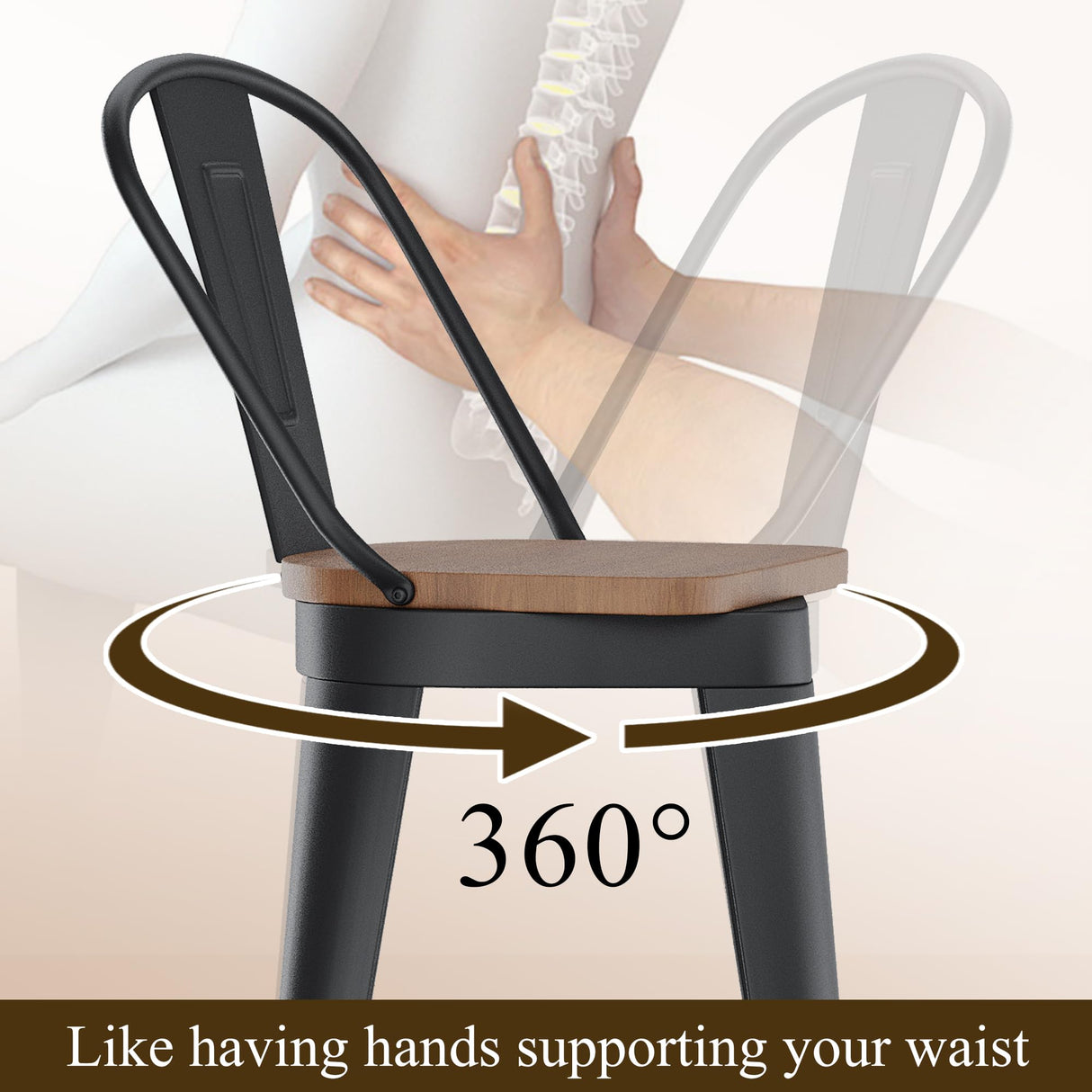 Aklaus Swivel Metal Bar Stools 24 inch Swivel Counter Height Barstools Set of 2 Modern Farmhouse Bar Chairs with High Backs and Large Wooden Seat for Kitchen Island Dining Room Matte Black Aklaus