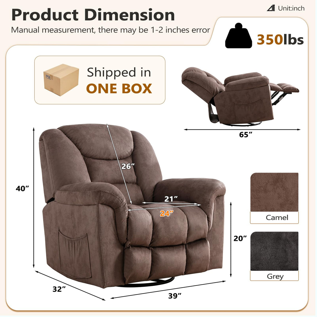 ANJ Rocker Recliner Chair Oversized Manual 360° Swivel Recliners Comfy Glider Rocking Chairs for Big Man Extra Wide Overstuffed Reclining Chair for Living Room, Camel ANJ