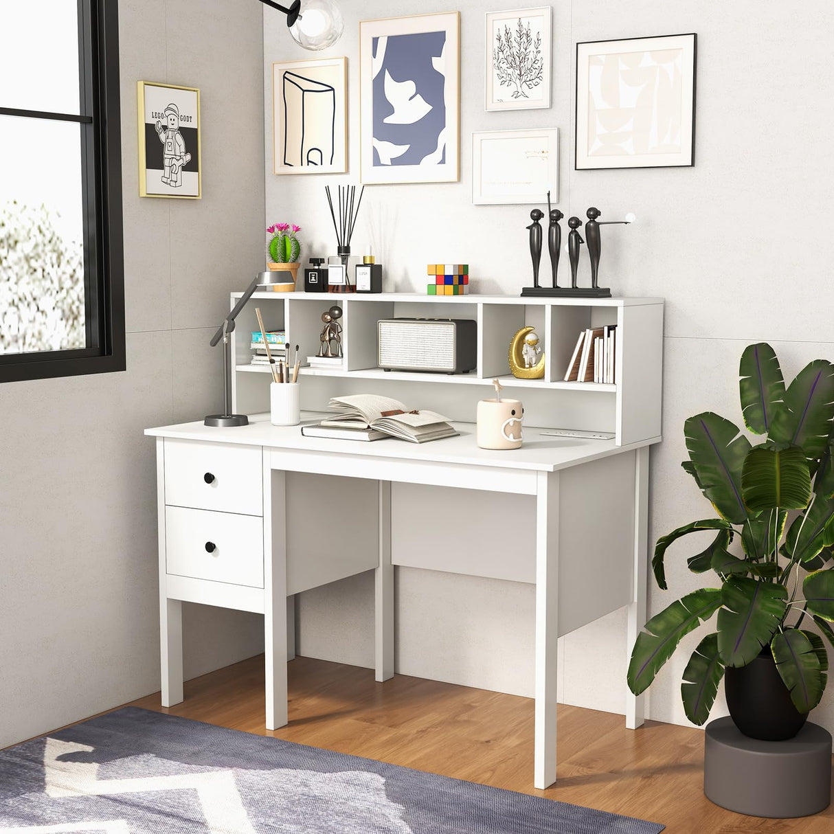Tangkula White Desk with Drawers & Hutch, Modern Home Office Desk Writing Study Desk with Charging Station, Laptop Desk with 5 Storage Compartments, Computer Workstation Makeup Vanity Desk Tangkula