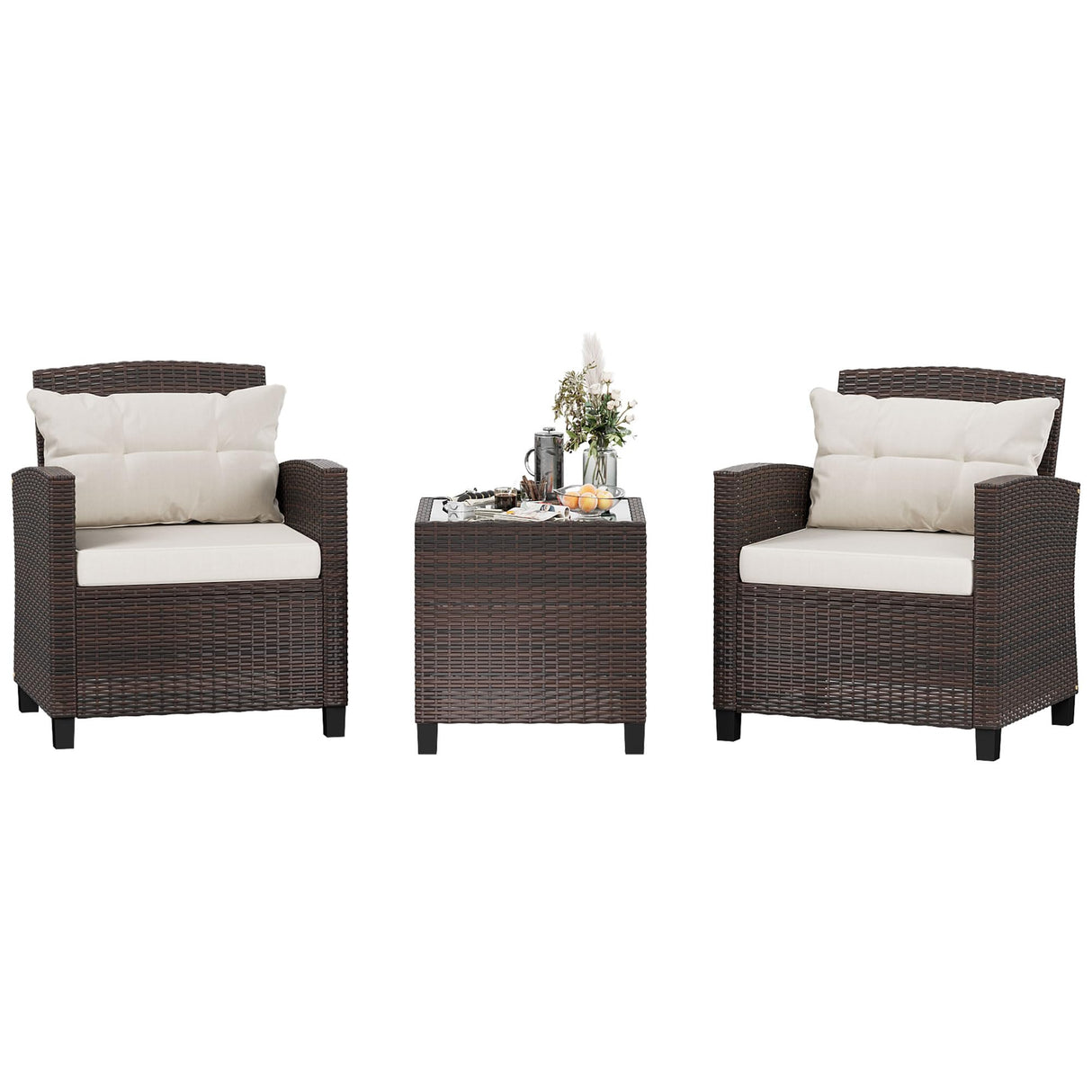 Shintenchi 3 Pieces Patio Furniture Set 3 Pieces PE Rattan Wicker Chairs with Table Outdoor Furniture for Backyard/Garden/Poolside/Outdoor Restaurant Brown Rattan with White Cushion Shintenchi