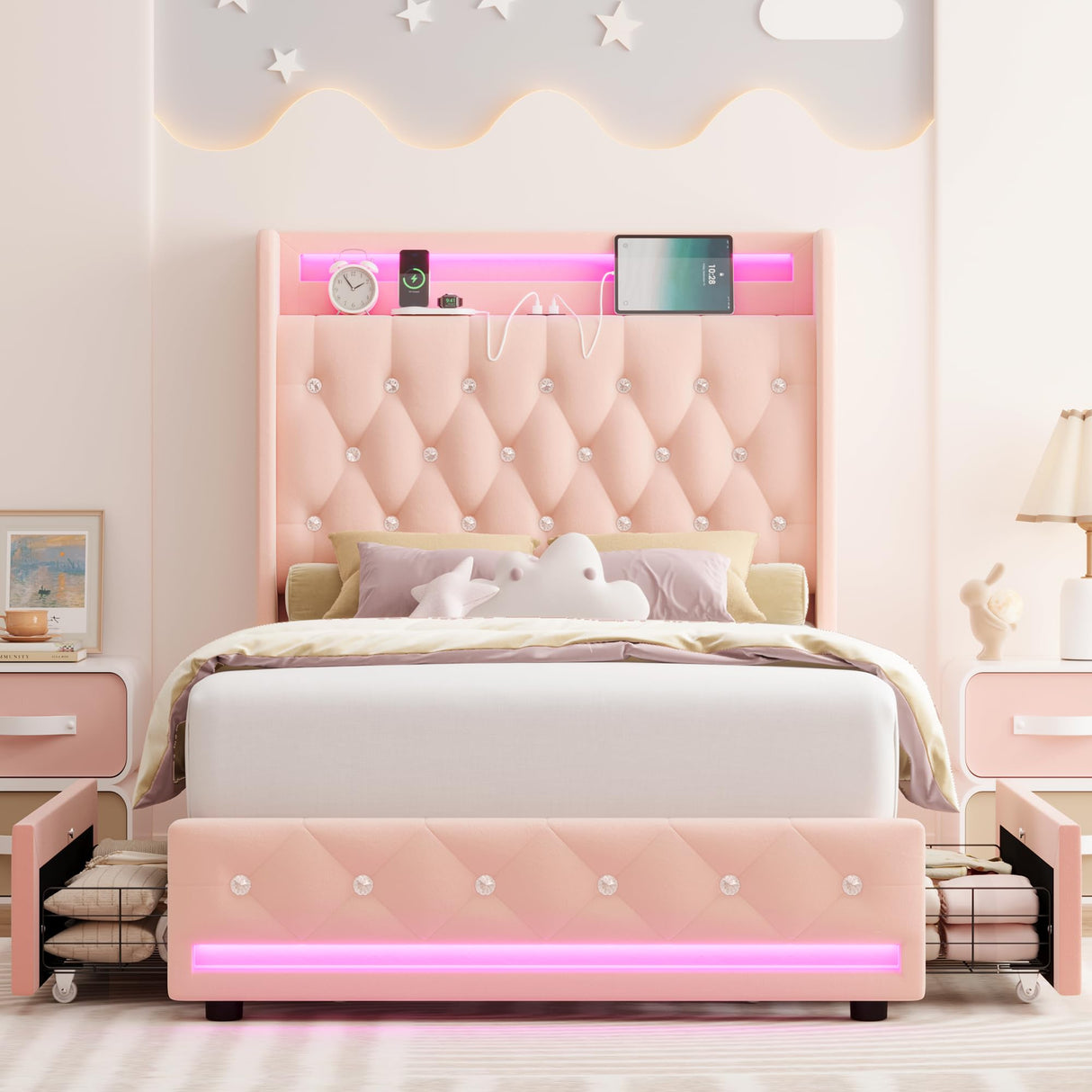 HIFIT Upholstered Twin LED Bed Frame with Charging Station Headboard & 4 Storage Drawers, Velvet Crystal Button-Tufted Princess Twin Size Platform Bed Frames for Kids/Girls, No Box Spring Needed, Pink HIFIT