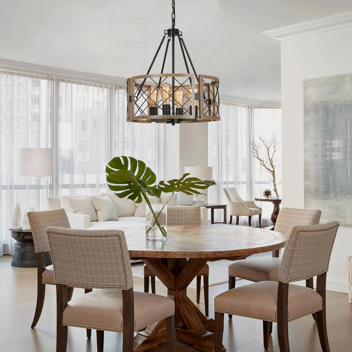 SANTOSTOCK Modern Farmhouse Chandelier, Rustic 4-Light Dining Room Chandelier Light Fixture Kitchen Island Light, Adjustable Hanging Light for Bedroom Entryway Foyer Living Room, Grey Wood SANTOSTOCK
