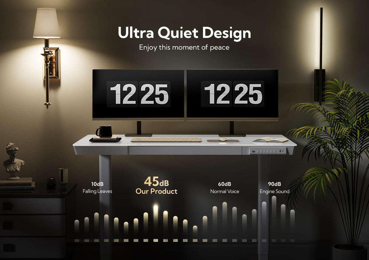 Claiks Glass Standing Desk with Drawers, 55 Inch Adjustable Stand Up Desk, Quick Install Home Office Computer Desk with USB Ports, White Claiks