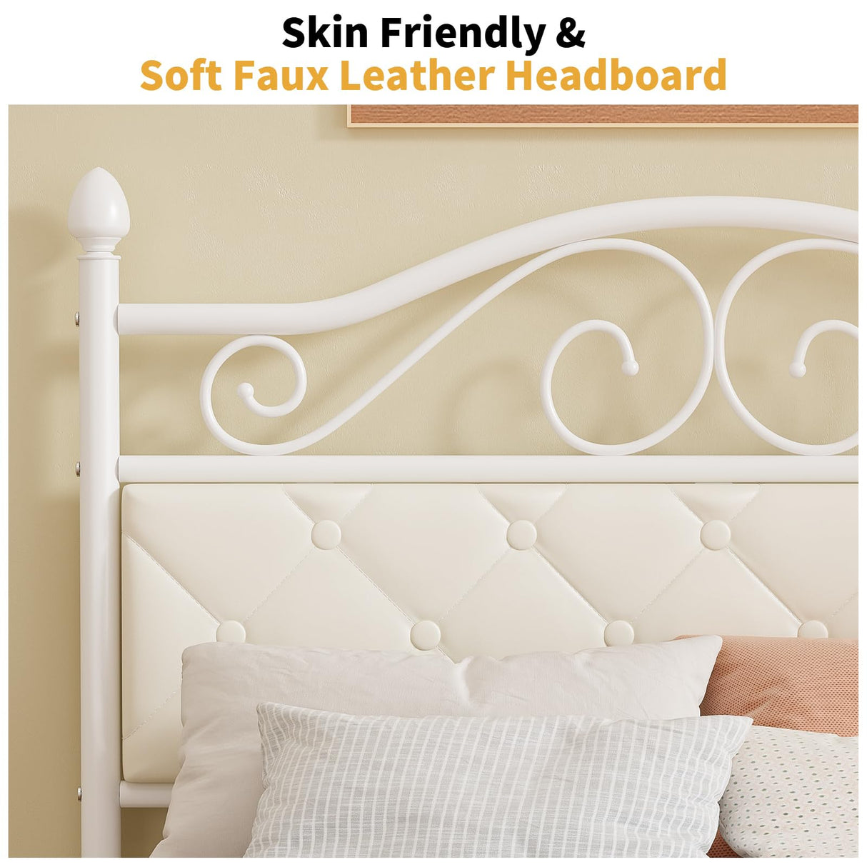 Elephance Twin Bed Frame with Upholstered Headboard Metal Platform Bed with 11.2 Inchs Storage Space Button Tufted No Box Spring Needed Easy Assembly,White Elephance