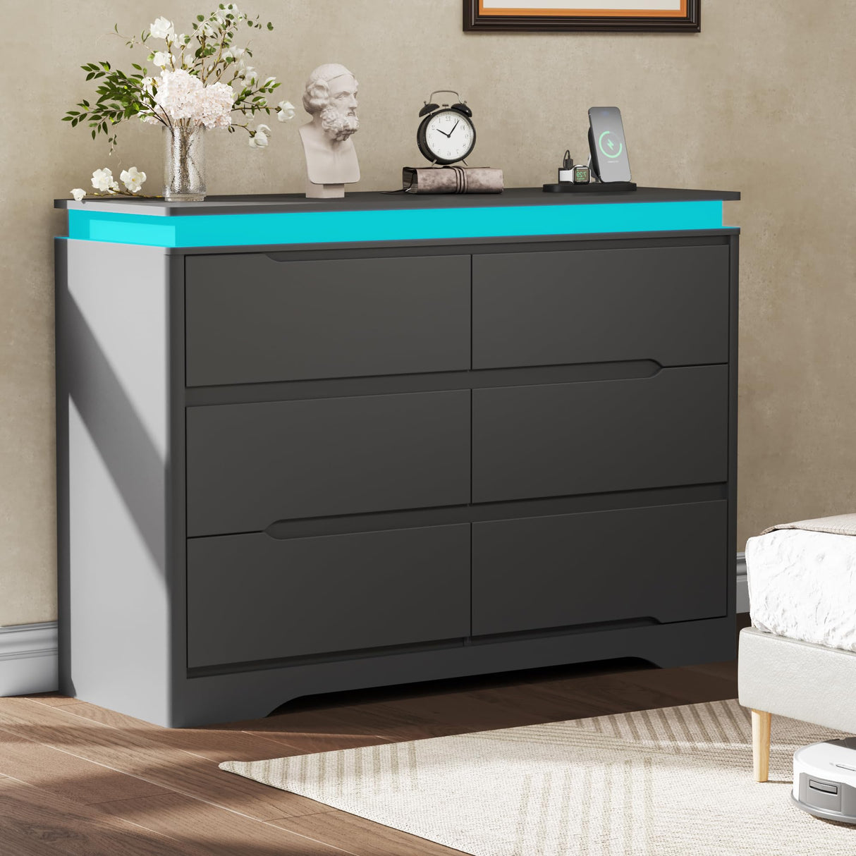 Fameill Black Dresser for Bedroom, 6 Drawer Dresser with LED Lights, Modern Dresser Organizer with Charging Station, Double Wide Chest of Drawers for Living Room, Entryway Fameill