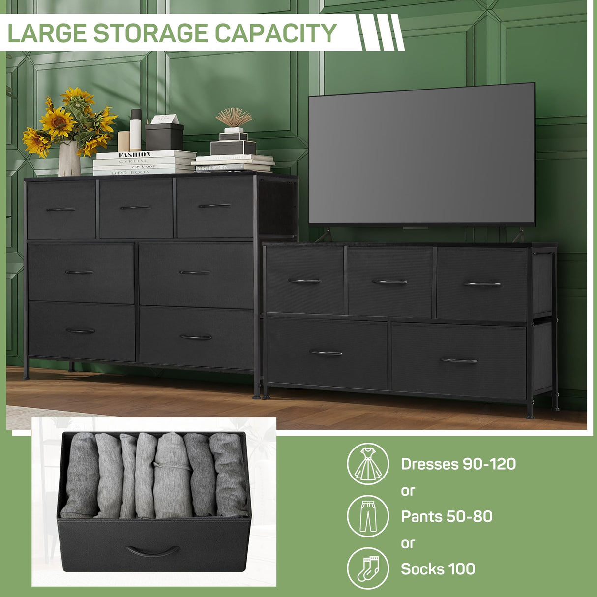 Zibbizo Dresser for Bedroom, 7 Storage Drawers, Anti-Tip Wide Fabric Closet Chests Organizer Tower Furniture, TV Stand for TV up to 45 inch with Wooden Top Metal Frame for Clothes, Living Room Zibbizo