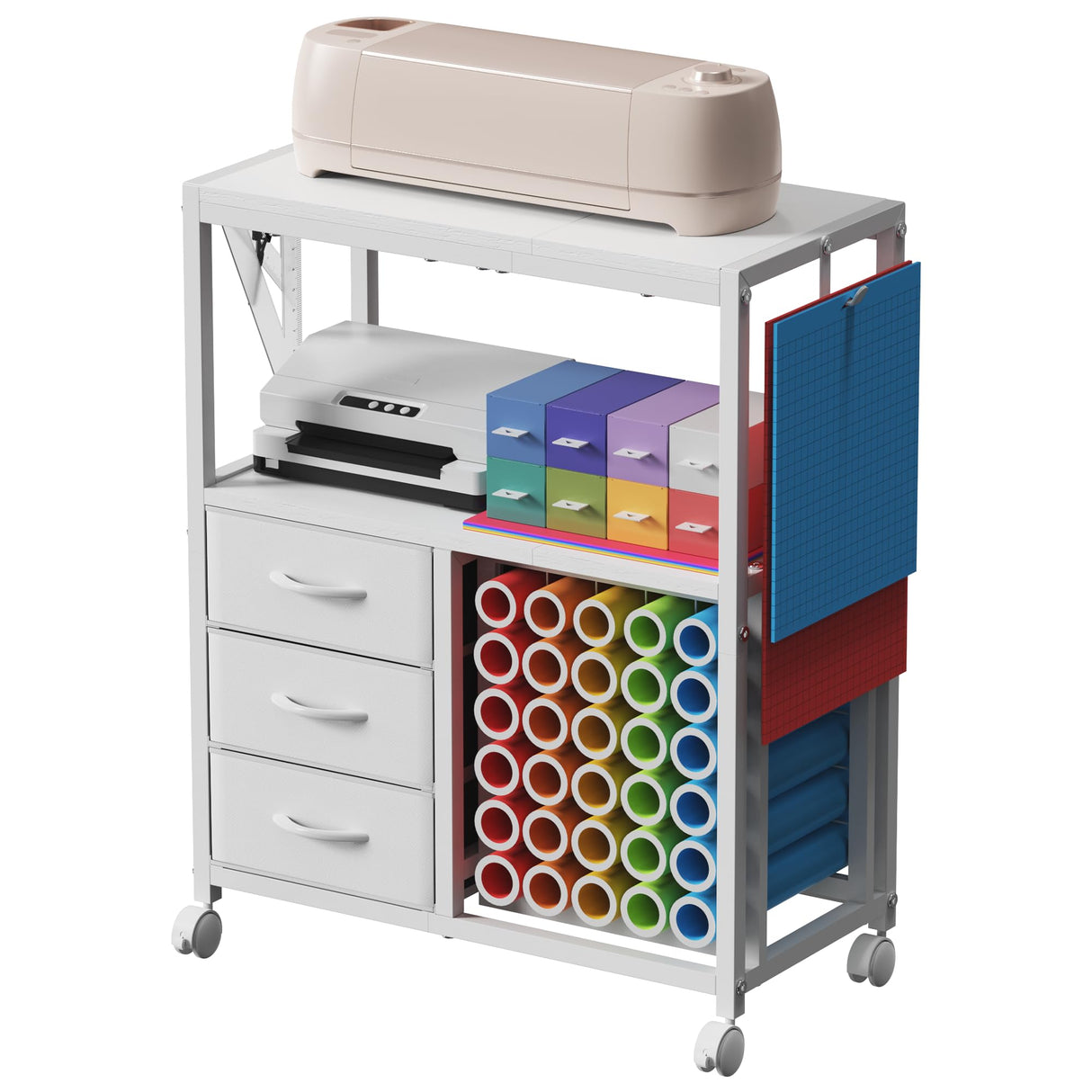 30 Vinyl Roll Holders for Cricut Cart, Rolling Craft Cart with 3 Fabric Drawer, Craft Organization and Storage Compatible with Cricut Maker Machine, Crafting Cabinet Table Workstation, White Jchccu