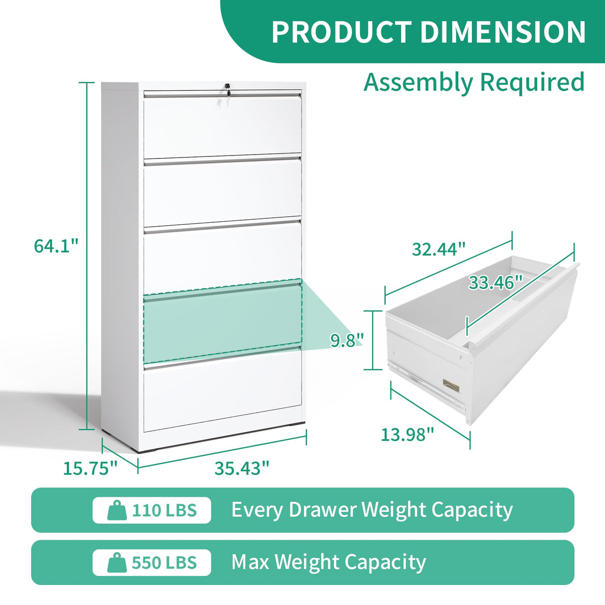 IKIMI 5 Drawer Lateral File Cabinets with Lock Office Filing Cabinet Steel Storage Cabinet Wide Horizontal Filing Metal Cabinets for Files Legal/Letter/A4 Size Assembly Required IKIMI