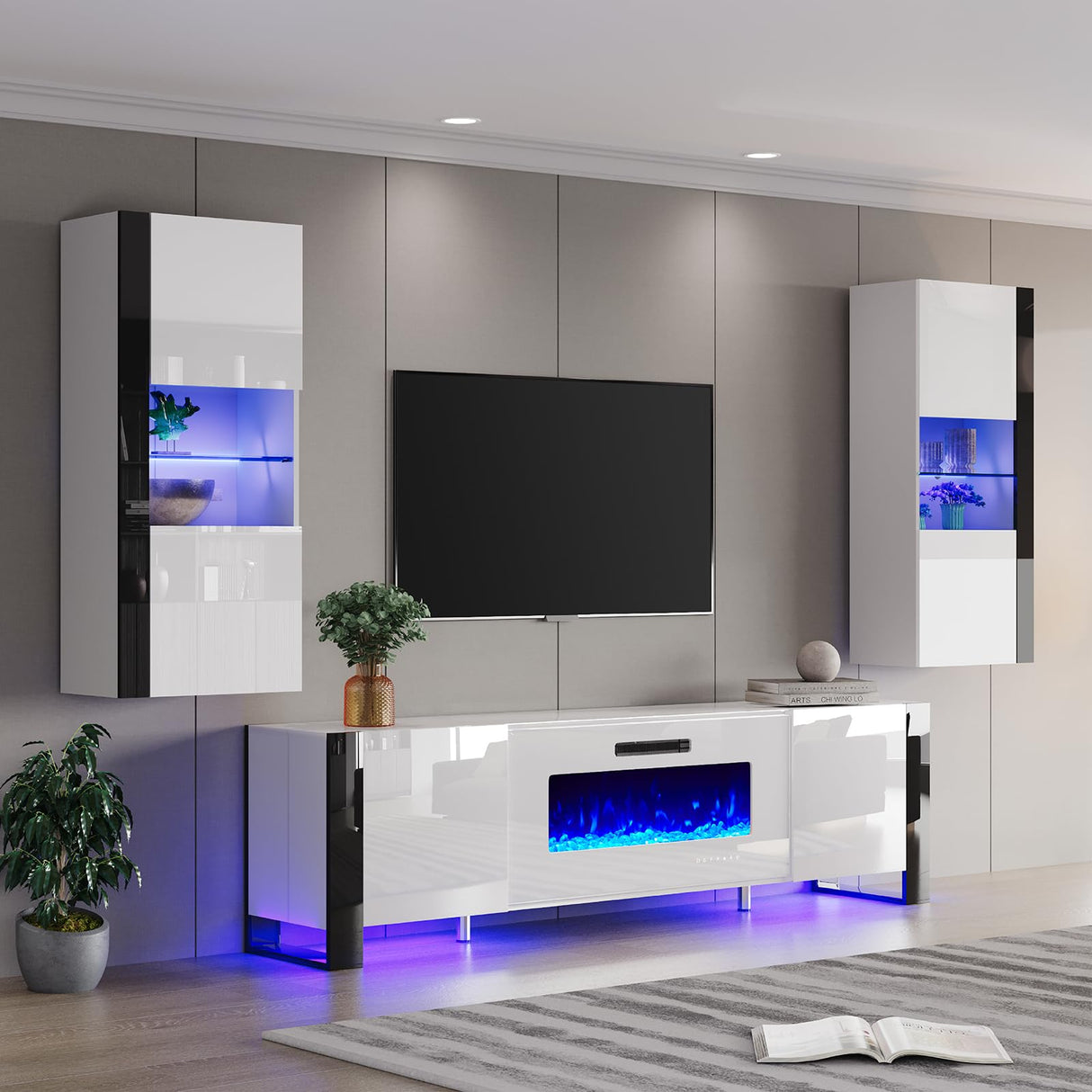AMERLIFE 3 Piece Modern Wall Unit Entertainment Center Set, High Gloss 70" Fireplace TV Stand with 36" Electric Fireplace, 2 LED Wall Cabinets with Storage for Living Room, White AMERLIFE