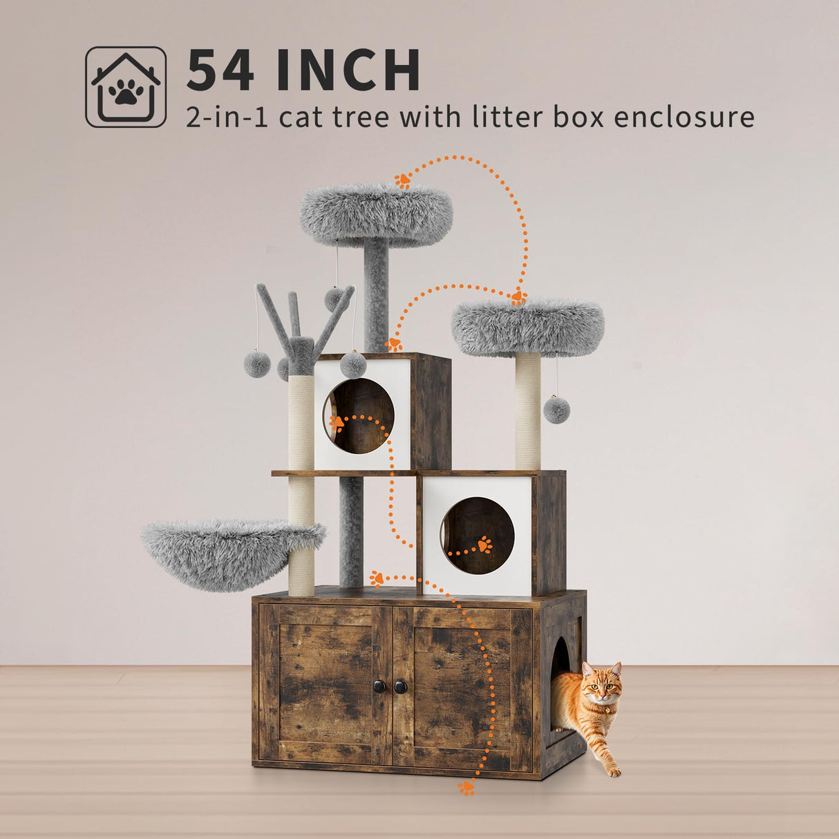 57.5-Inch Cat Tree with Litter Box Enclosure 2-in-1 Modern Cat Tower with Cat Condo/Hammock/Scratching Post/Plush Perch/Removable Pompom Sticks/Caves, Wooden Hidden Litter Box Furniture, Oak Brown OUTGOODS