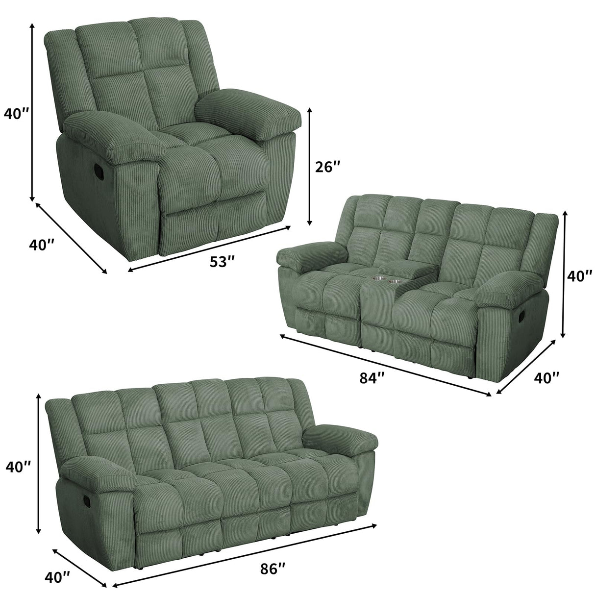 Dekmxas Recliner Sofa Set, Living Room Furniture Sets,Manaul Reclining Couch Green Corduroy Reclining Couch Living Room Sofa Set with 5 Recliner Seats/Cup Holders/Storage Console/Drop-Down Table Dekmxas