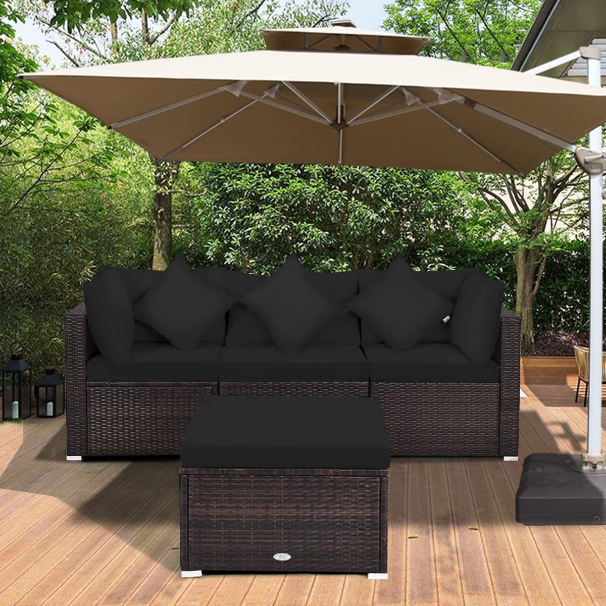 Tangkula 4 PCS Patio Rattan Sofa Set, Outdoor Wicker Sectional Furniture Set, Patio Conversation Set with Removable Cushions & Pillows for Backyard Porch Garden Poolside Balcony (Black) Tangkula