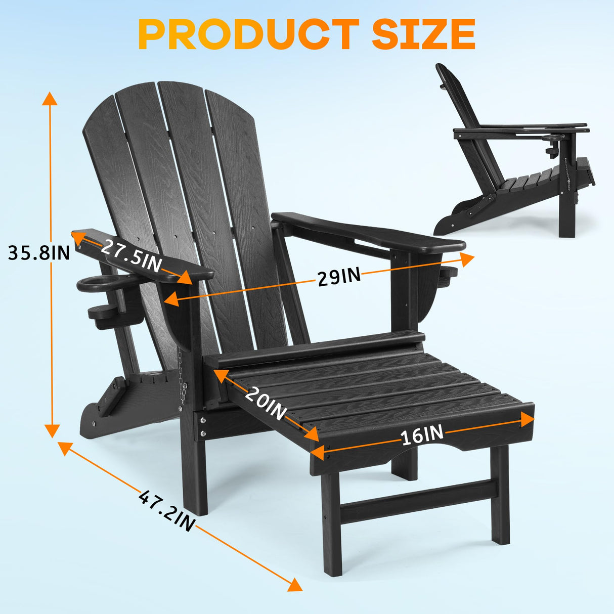 Rengue Folding Adirondack Chair with Retractable Ottoman, Patio Chair with Cup Holder, Wood Texture Fire Pit Chair, Heavy Duty HDPE Weather Resistant for Outdoor Lawn Porch Garden Backyard Deck Rengue