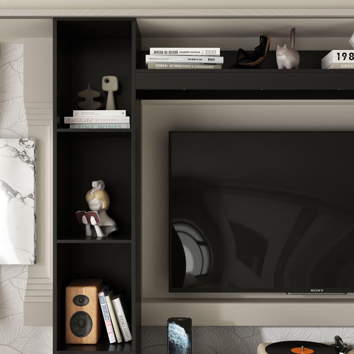 TAMUNE Entertainment Center with Bookshelves Modern Media Center with Open Shelves & Bridge TV Wall Unit with Doors, for Living Room Black (81.1”W x 11.8”D x 70.9”H) TAMUNE