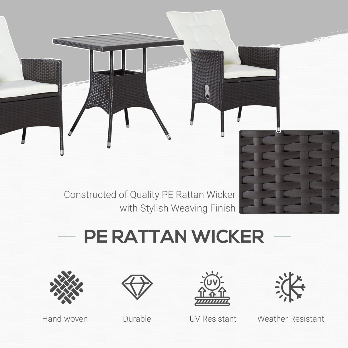 Outsunny 3 Piece Patio Bistro Set, Outdoor PE Wicker Furniture Conversation Set with Tufted Cushion Reclining Chairs & Coffee Table for Backyard, Lawn, Porch, Poolside, Balcony, Cream White Outsunny