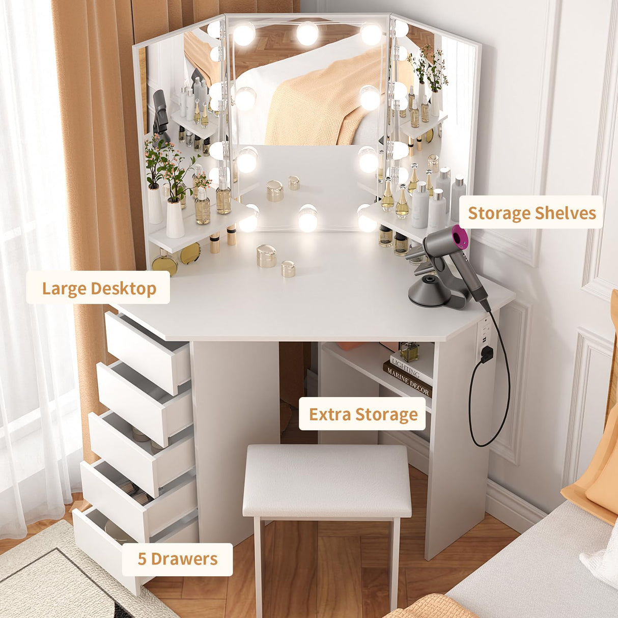 VOWNER Vanity with Lights - Makeup Vanity Desk with Power Outlet, 3 Color Lighting Options Brightness Adjustable, Vanity Table with 5 Sliding Drawers, Shelves and Stool for Bedroom, White VOWNER