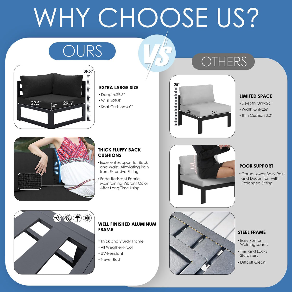 NICESOUL 10 Piece Oversized Modular Aluminum Outdoor Furniture Set, 29" Deep Wide Sectional Seating, 500 lbs High Weight Capacity Weather Resistant Patio Conversation Set for Backyard Poolside, Black NICESOUL