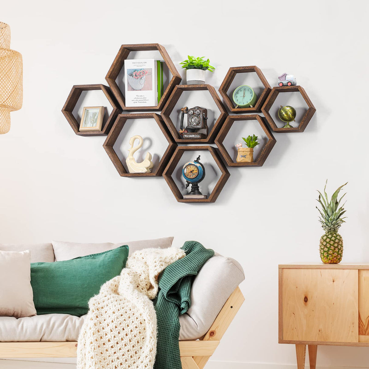 Hexagon Floating Shelves Set of 8 Wood Hexagonal Shelves Brown Wall Decor and Storage Racks for Living Room Floating Honeycomb Plants Shelf Farmhouse Wall Hexagon Hanging Shelf for Bedroom Home CADUKE