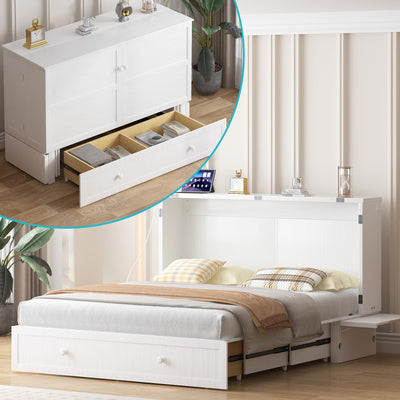 CECER Queen Size Solid Wood Murphy Bed with Memory Foam Mattress,Murphy Bed with Charging Station and Two Large Storage Drawers for Small Spaces/Bedroom/Guest Room(White)