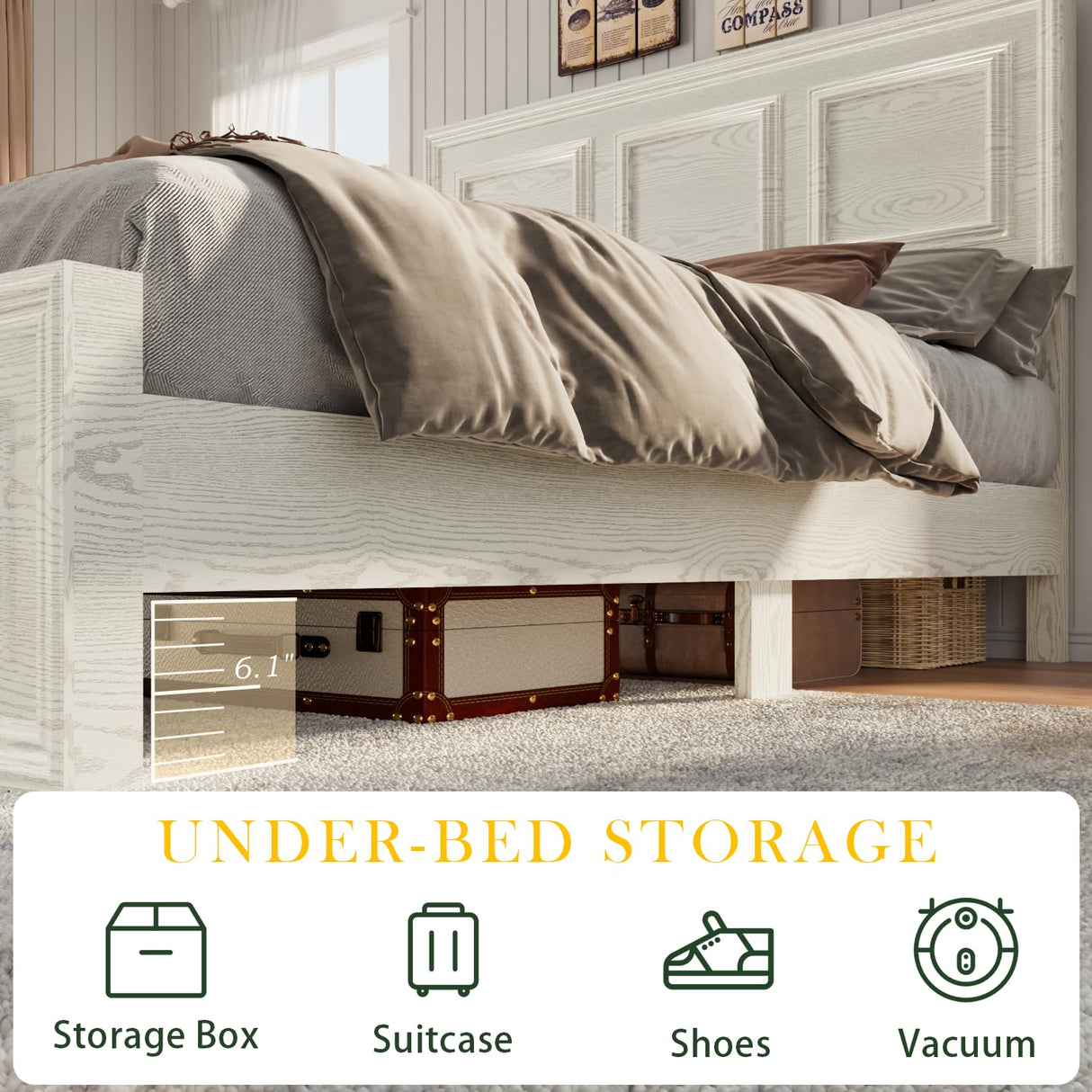 Incyneva Farmhouse Platform Full Bed Frame Wood with Adjustable Headboard, LED Light and Charging Station, No Box Spring Needed, Noise Free, Geometric Design & Antique White Incyneva
