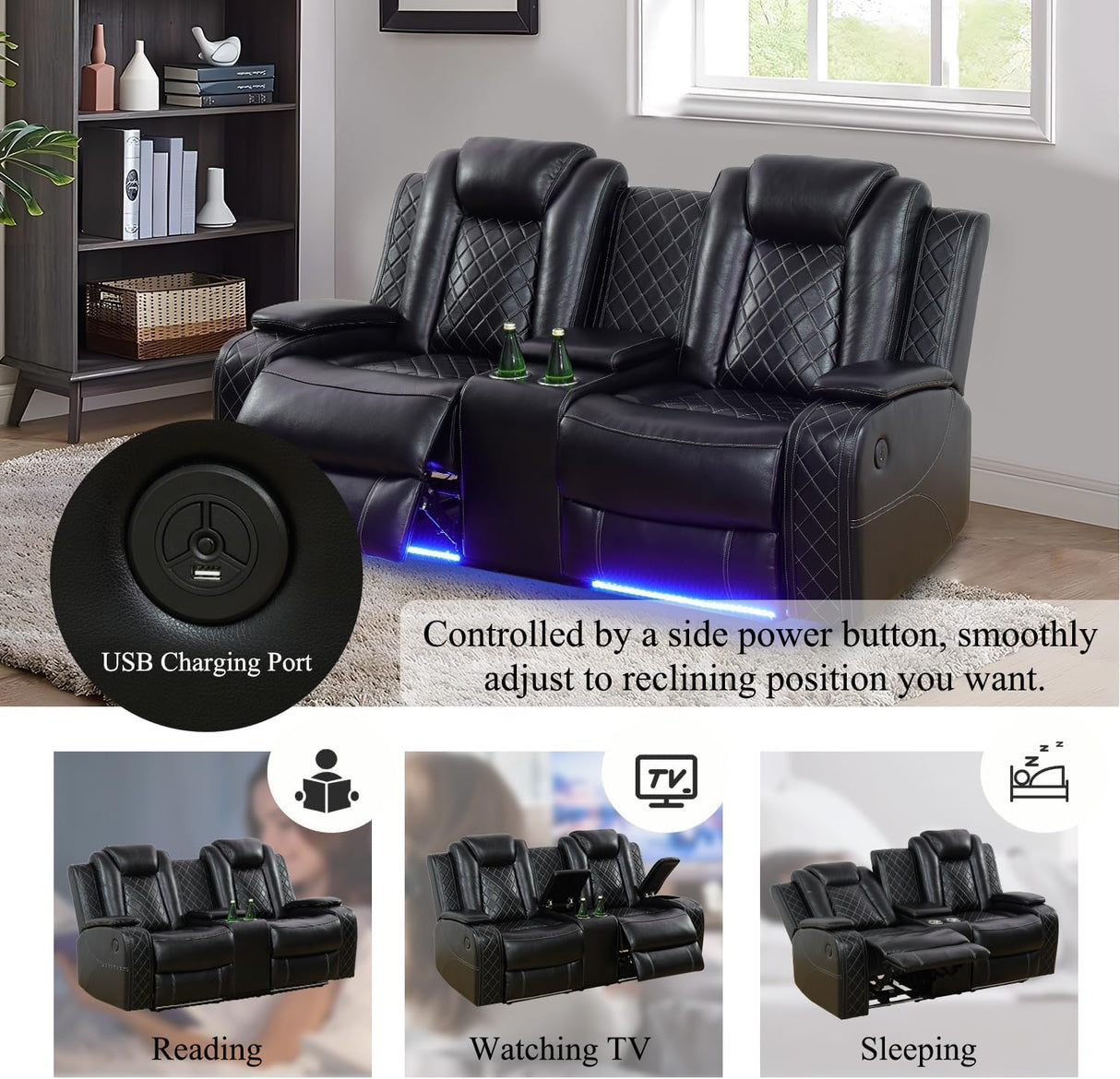 Power Recliner Sofa Set with LED, Leather Reclining Sofa Set, Living Room Furniture Set with USB Charging (Black Standard Version Total of 2 Cup Holders) Pon Living Furniture Inc