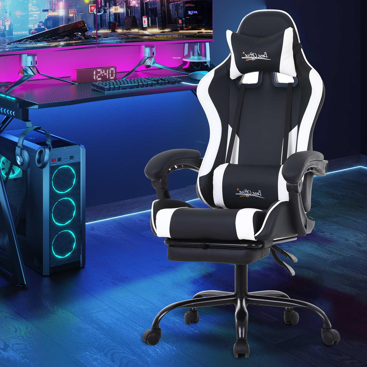 PayLessHere Ergonomic Racing Desk Chair Computer Chair Gaming Chair with Footrest Lumbar Support Headrest Armrest Task Rolling Swivel Ergonomic E-Sports Adjustable PC Gamer Chair, White PayLessHere
