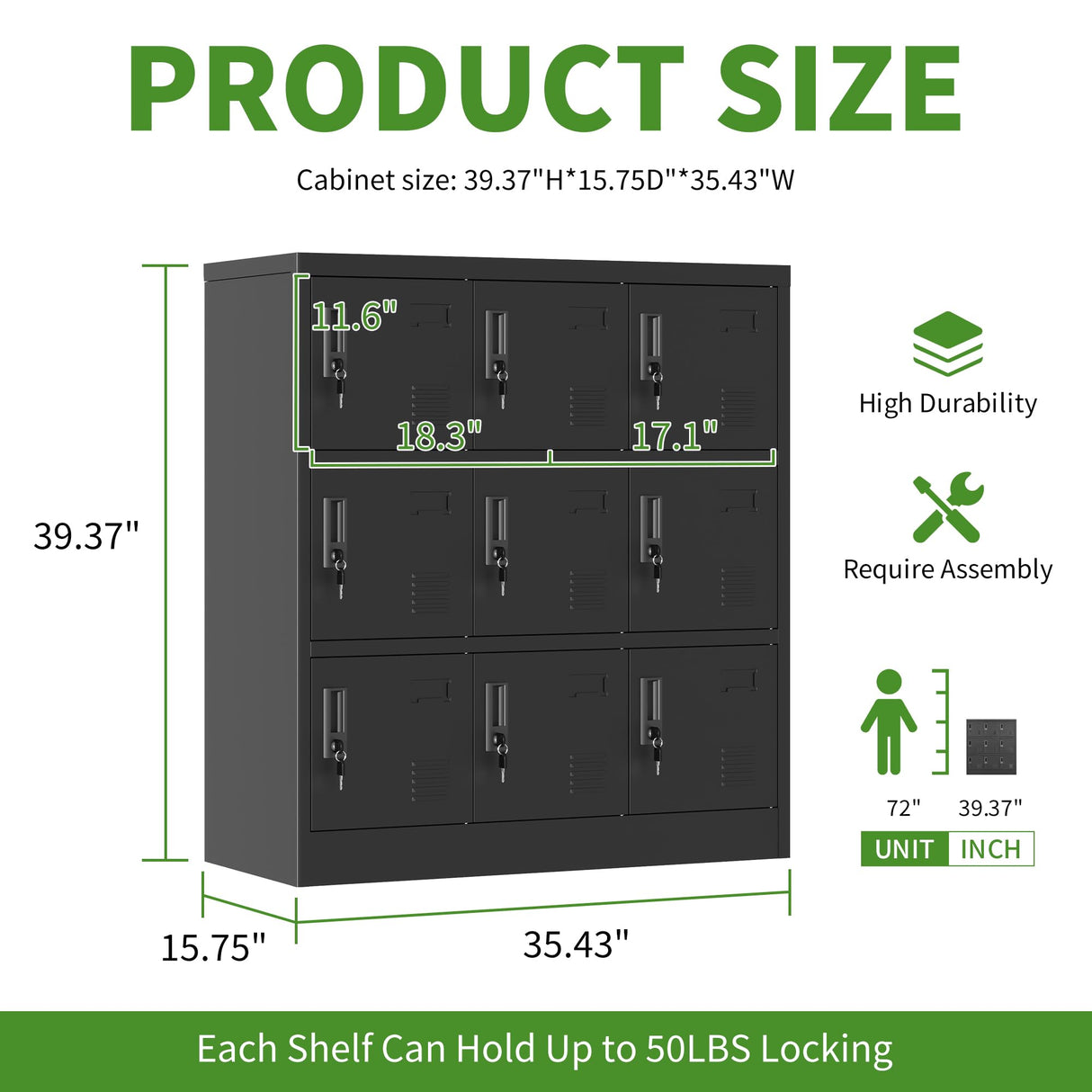 Yukimo 9 Door Metal Locker, Storage Lockers for Employees, Steel Storage Locker with Lock and Card Slot, Employee Lockers for Home, Office, School, Gym, Require Assembly(Black) Yukimo