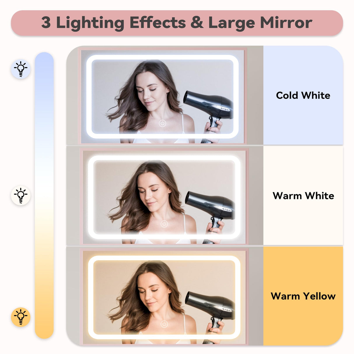 LIKIMIO Makeup Vanity Desk with Mirror and Lights, Pink Makeup Vanity Table Set with Stool Drawers, Power Socket, Dressing Table with 3 Lighting Colors, Vanities for Bedrooms LIKIMIO