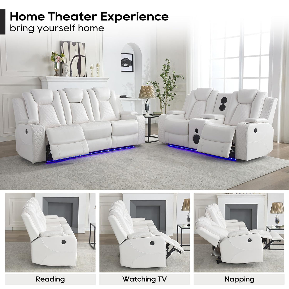 Power Recliner Sofa Set with Bass Speaker for Living Room,Faux Leather 3 Seater Reclining Sofa and Loveseat Seating Couch w/ Wireless Charger,Reading Light,LED Lights,Home Theater Love seat Sets,White Comfort Stretch