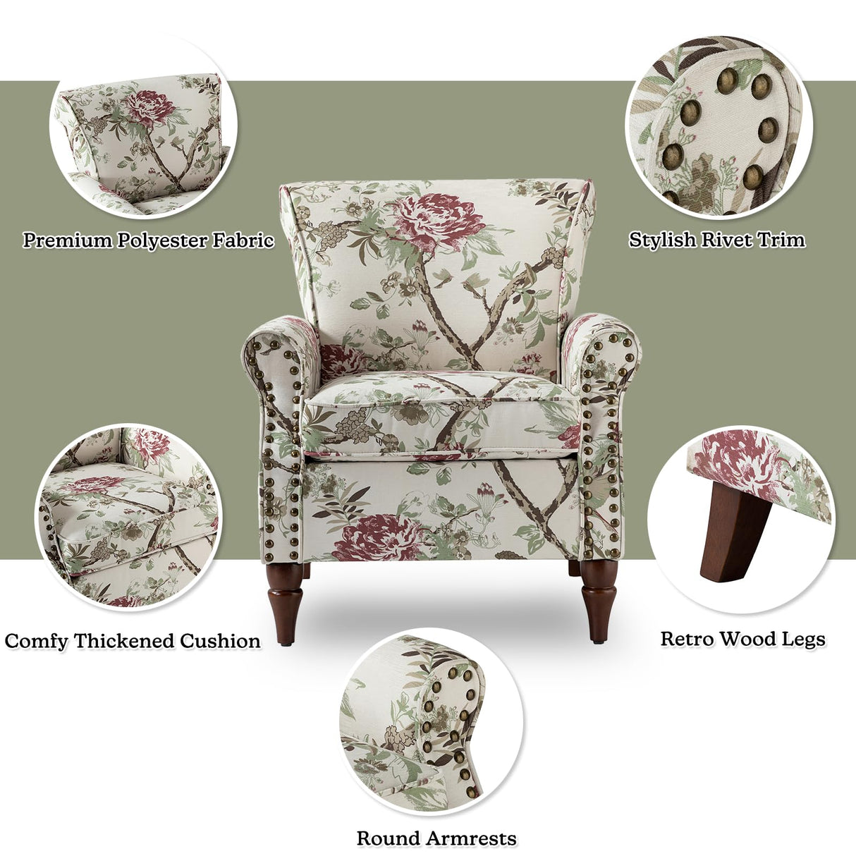 HULALA HOME Modern Wingback Accent Chair with Wood Legs & Removable Cushion, Comfy Upholstered Armchair with Nailhead Trim, Floral Pattern Sofa Chair for Bedroom Living Room, Floral HULALA HOME