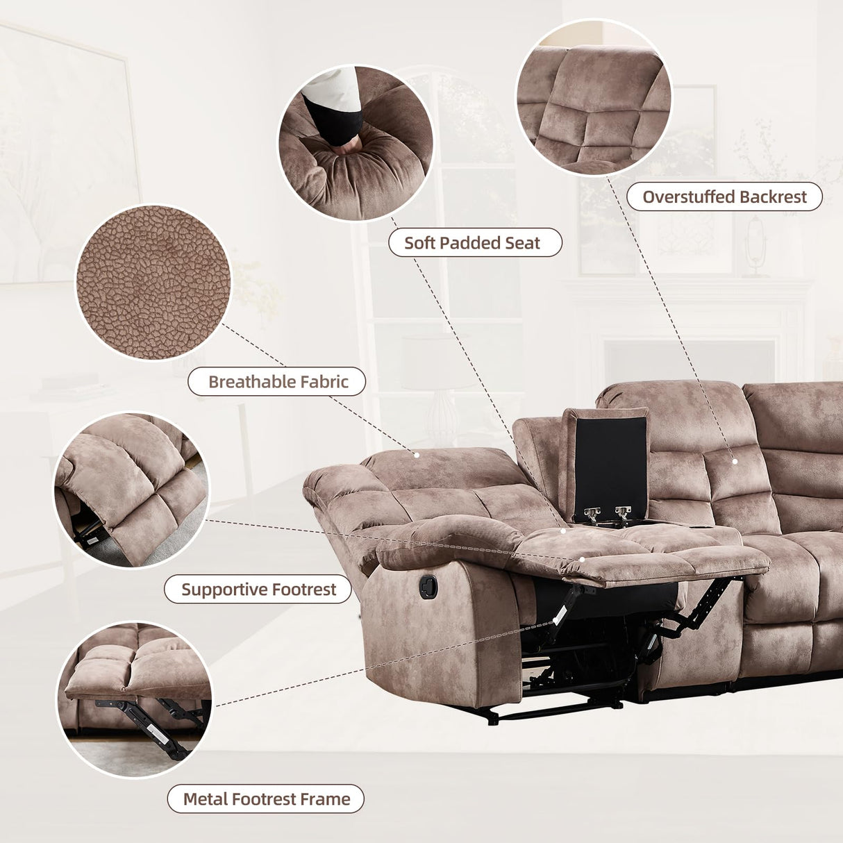 EBELLO Manual Reclining Sectional Sofa Set for Living Room, Soft Fabric Recliner Corner Sectional Couch with Center Console, Cup Holder and Storage, Brown EBELLO