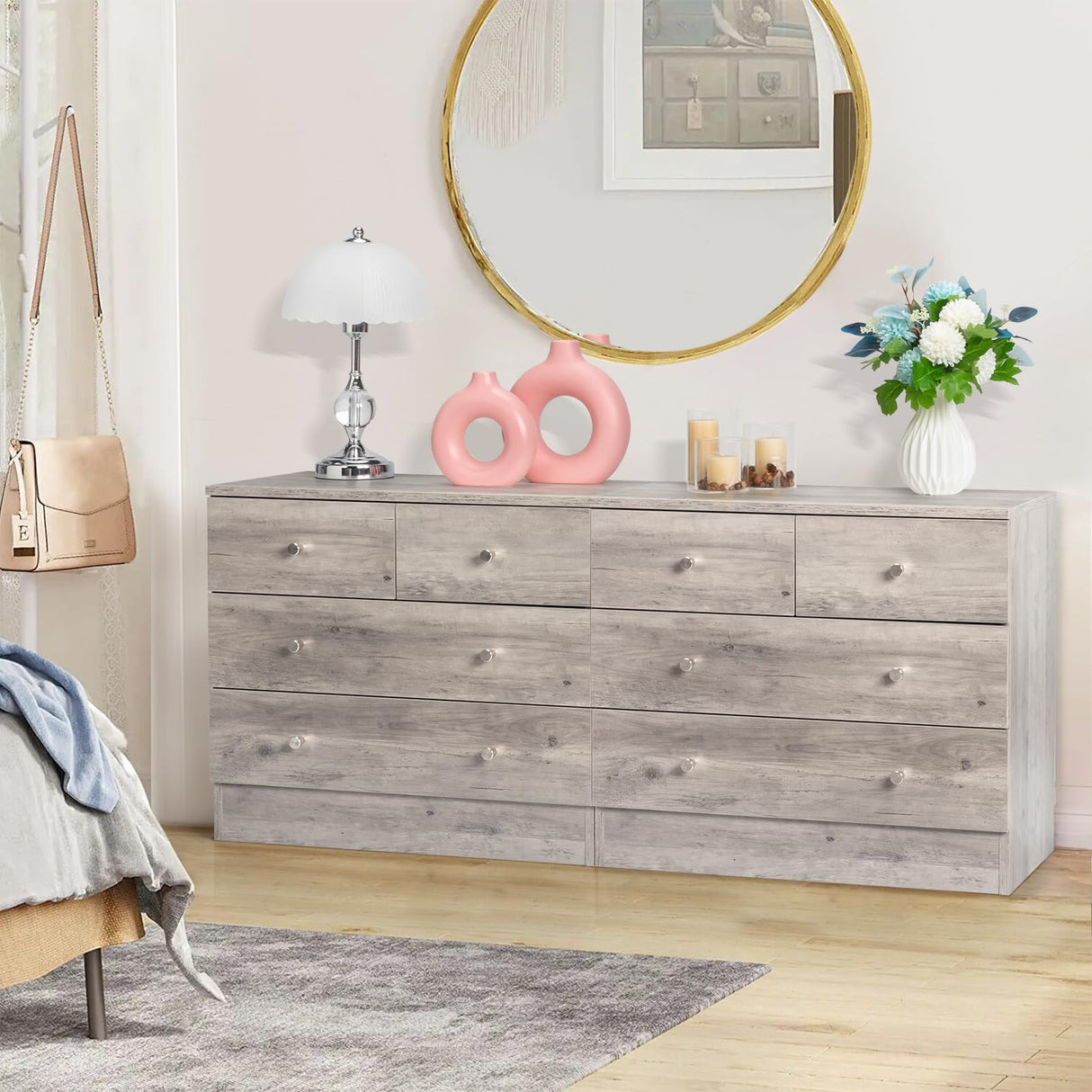 Karl home Grey 4 Drawer Dresser for Bedroom, Modern Wood Dresser Chest of Drawers, Rustic Bedroom Dressers Nightstand, Anti-Tipping Device, Rose Gold Metal Handle, Living Room, Hallway, Office Karl home
