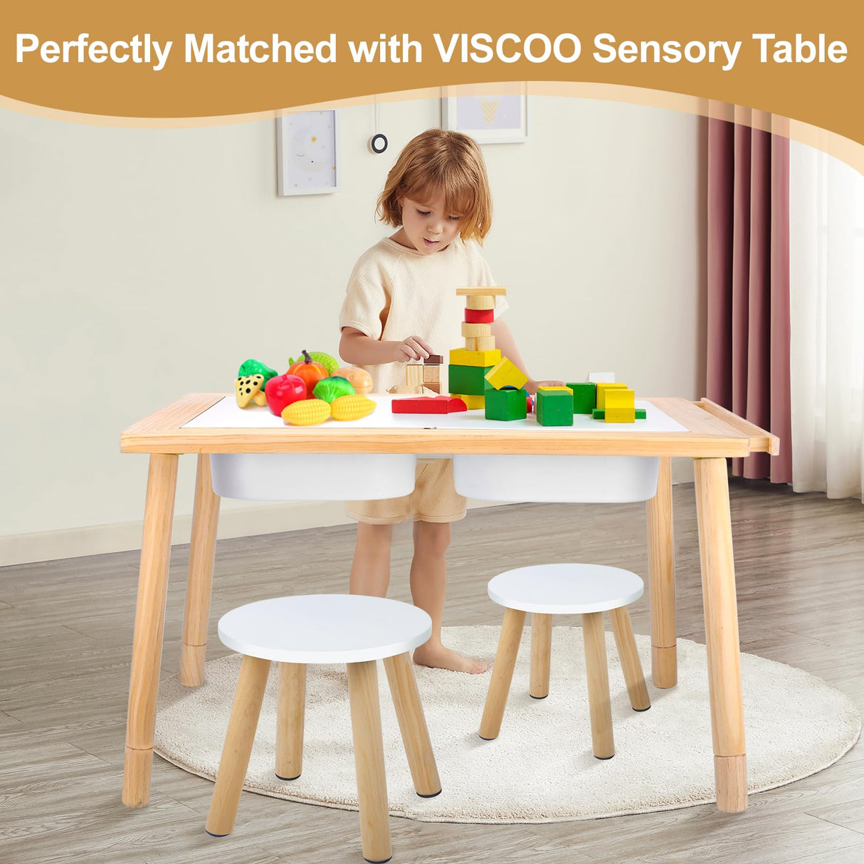 Wooden Step Stool for Kids, Children's Stool Matched Sensory Table, Children Sitting Stool with Assembled Four-Legged, Multi-Purpose Kids Chairs for Bathroom Kitchen Bedroom, Natural Anti-Slip, 1 Pack VISCOO