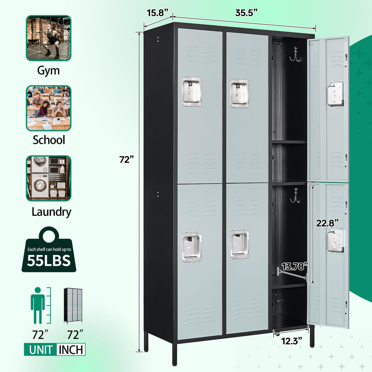Letaya Metal Lockers for Employees-6 Door Storage Locker with Shelves and Lockable Steel Cabinet for School,Gym,Office,Staff (Black & Gray, 6 Door) Letaya