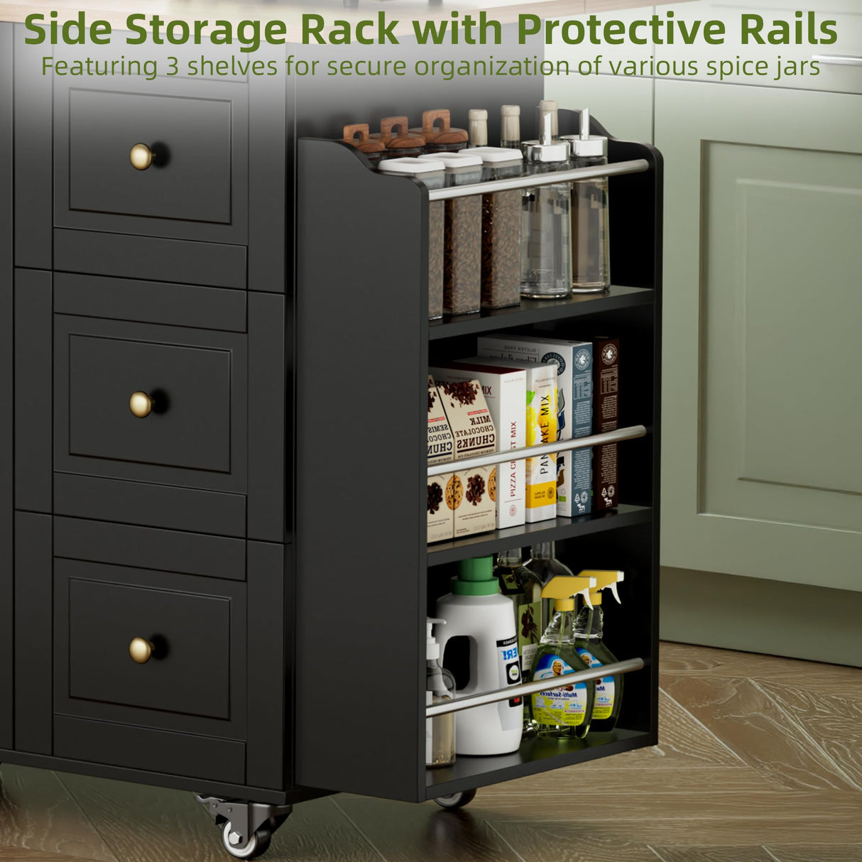 55.6“ Kitchen Island On Wheels, Rolling Kitchen Island Cart with Drop Leaf, Kitchen Storage Cabinet with 3 Drawers and Inner Adjustable Shelves for Dining Room/Living Room, Towel Rack Spice Cart Black VALONDINO