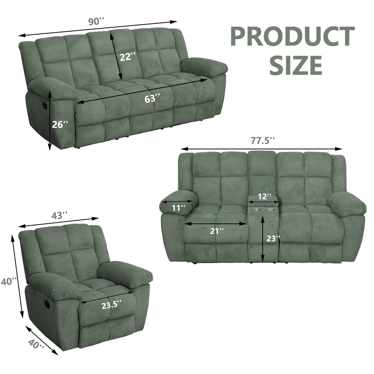 Manual Recliner Sofa Set,Corduroy Reclining Couch Set,Modern Living Room Furniture Set,Reclining Sofa Couch Chair for Living Room Home Office(Green,3 Pieces Set) Pon Living Furniture Inc