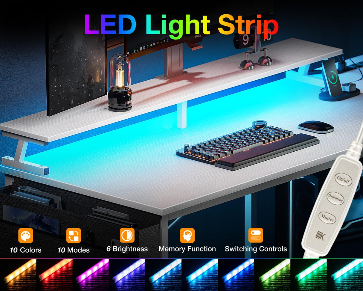 ODK 48 Inch Gaming Desk with USB Charging Ports and LED Lights, Reversible L Shaped Computer Desk with Storage Shelves & Monitor Stand, Corner Home Office Desk Table with Power Outlets, White ODK