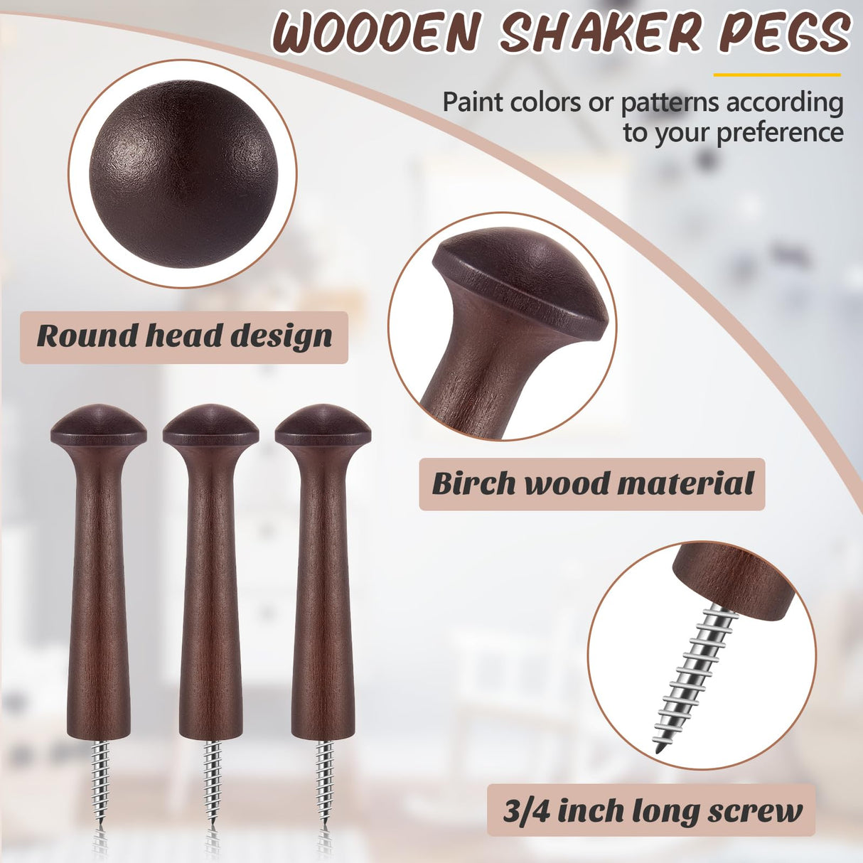 20 Pieces Wooden Shaker Peg Screw-on Pegs 2.9 Inch Long Unfinished Wood Shaker Racks for Hanging Clothes Hats Towel and More DIY Paint Color (Dark Brown) Jetec