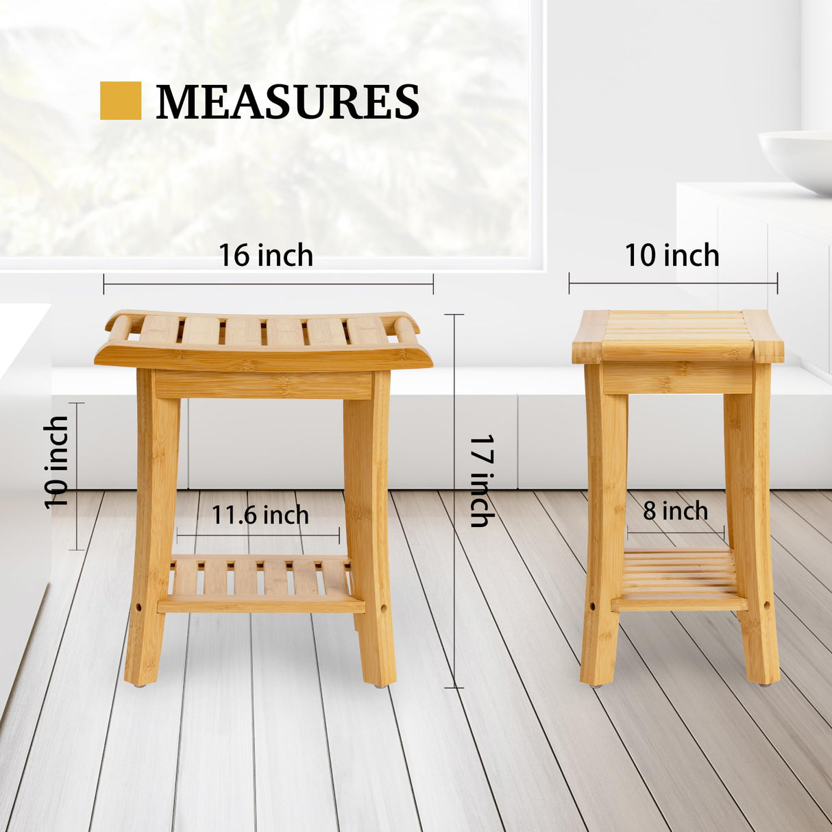 Unibambou Bamboo Shower Bench Inside Shower Stool with Storage Shelf, Spa Bath Chair for Bathroom, Seat or Organizer for Living Room, Bedroom and Garden - Great for All Ages Elderly (Small, Natural) Unibambou