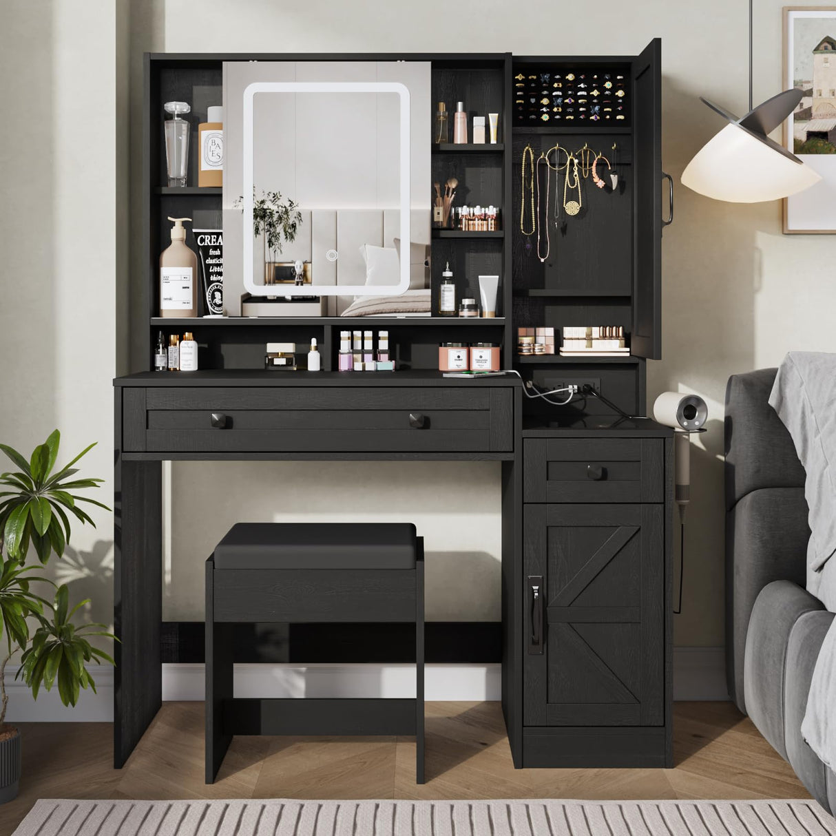 Fameill Vanity Desk with Mirror and Lights, Makeup Vanity Desk with Power Outlet, 2 Drawers & Storage, Vanity Table with Chair & Jewelry Cabinet, for Bedroom (Black) Fameill