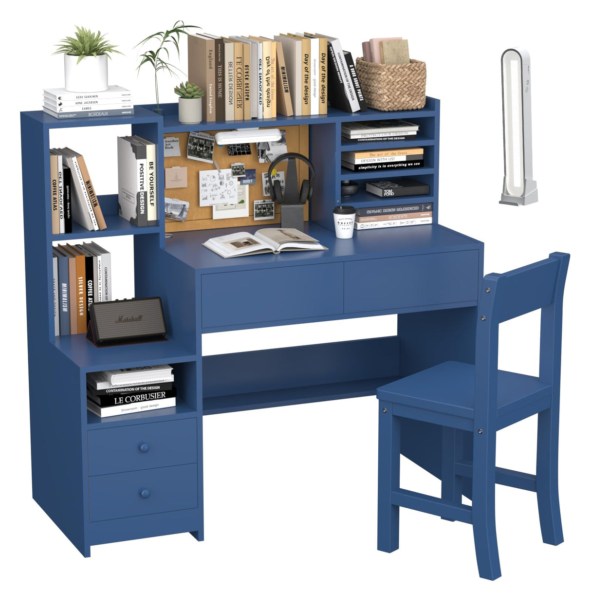 RUPOLX Blue Kids Desk and Chair Set for 5-12 Year Old,Kids Study Desk with 3-Color Lights,Childrens Computer with 4 Drawers, Kids Study Table with Storage Shelf -D-40 RUPOLX