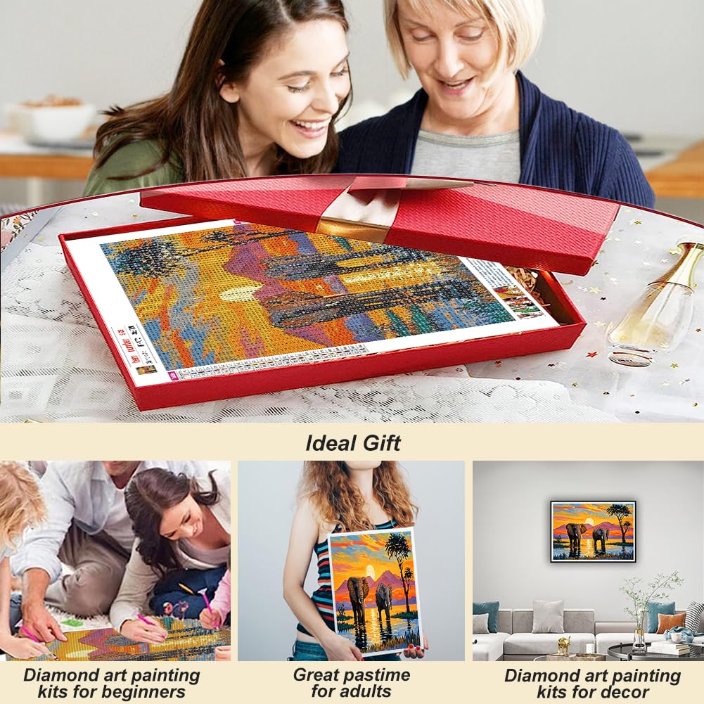 hill froeistung Landscape Scenery Diamond Art Painting Kits for Adults: Elephant Diamond Art Painting Sunset DIY 5d Diamond Art Kit Full Drill for Wall Decor 12 x 16 Inch hill froeistung