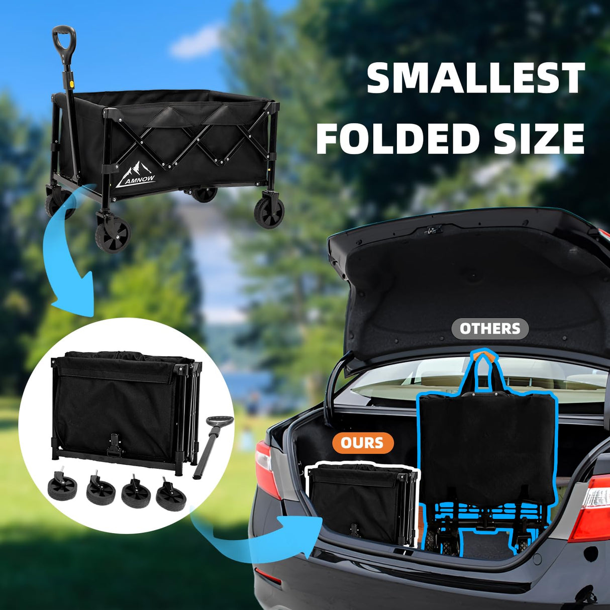 Collapsible Folding Beach Wagon Cart, Utility Large Capacity Cart Foldable Wagon with All Terrain Wheels, Grocery Wagon Cart for Garden Shopping Sports Camping, Black AMNOW