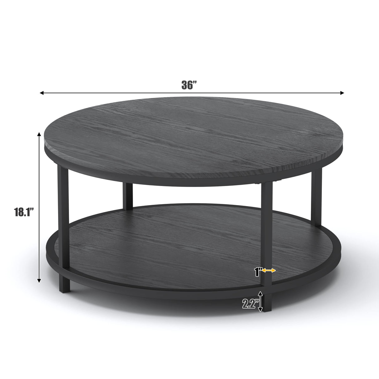 WiberWi Rustic Industrial 35.8" Round Coffee Table with Storage Shelf and Sturdy Metal Legs, Easy Assembly WiberWi