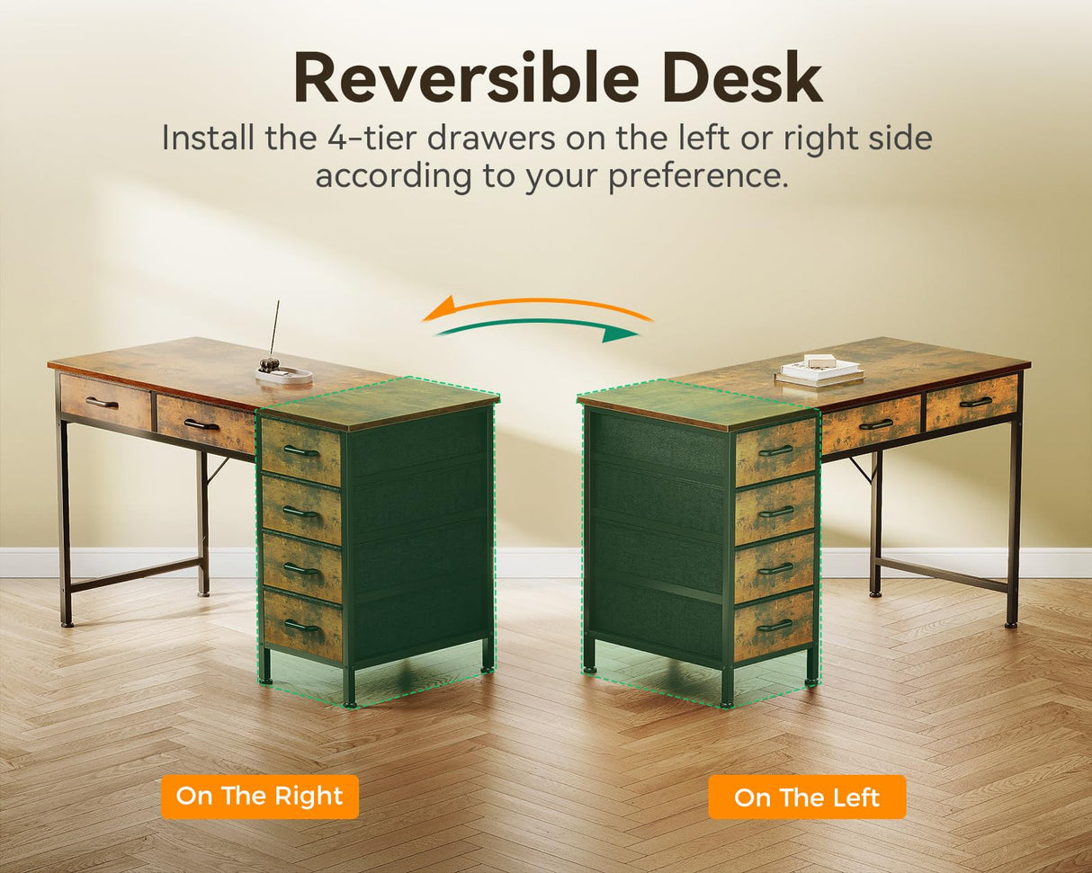 ODK Computer Desk with 6 Drawers, 40 Inch Small Desk with Storage, Reversible Desk with Headphone Hook for Home Office, Work Study Table for Bedroom, Rustic Brown ODK